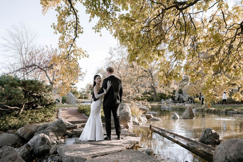 Wedding couple stands on a rocky path near a serene pond with autumn leaves and swans in the background.