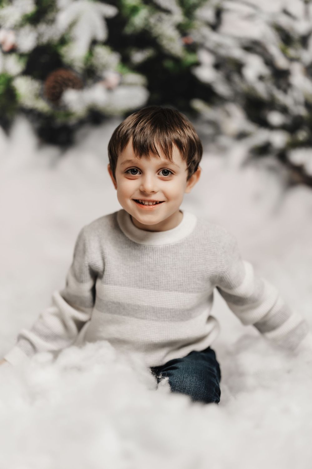 A series of holiday portraits showing a young child in a grey sweater against a white background with evergreen decor.