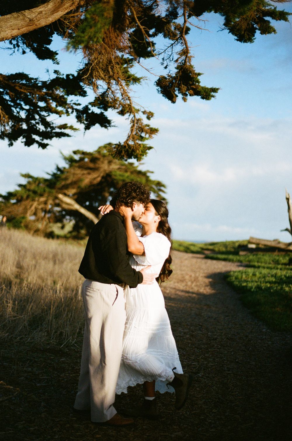 A romantic moment on a coastal path under cypress trees at sunset with windswept grass and ocean views.
