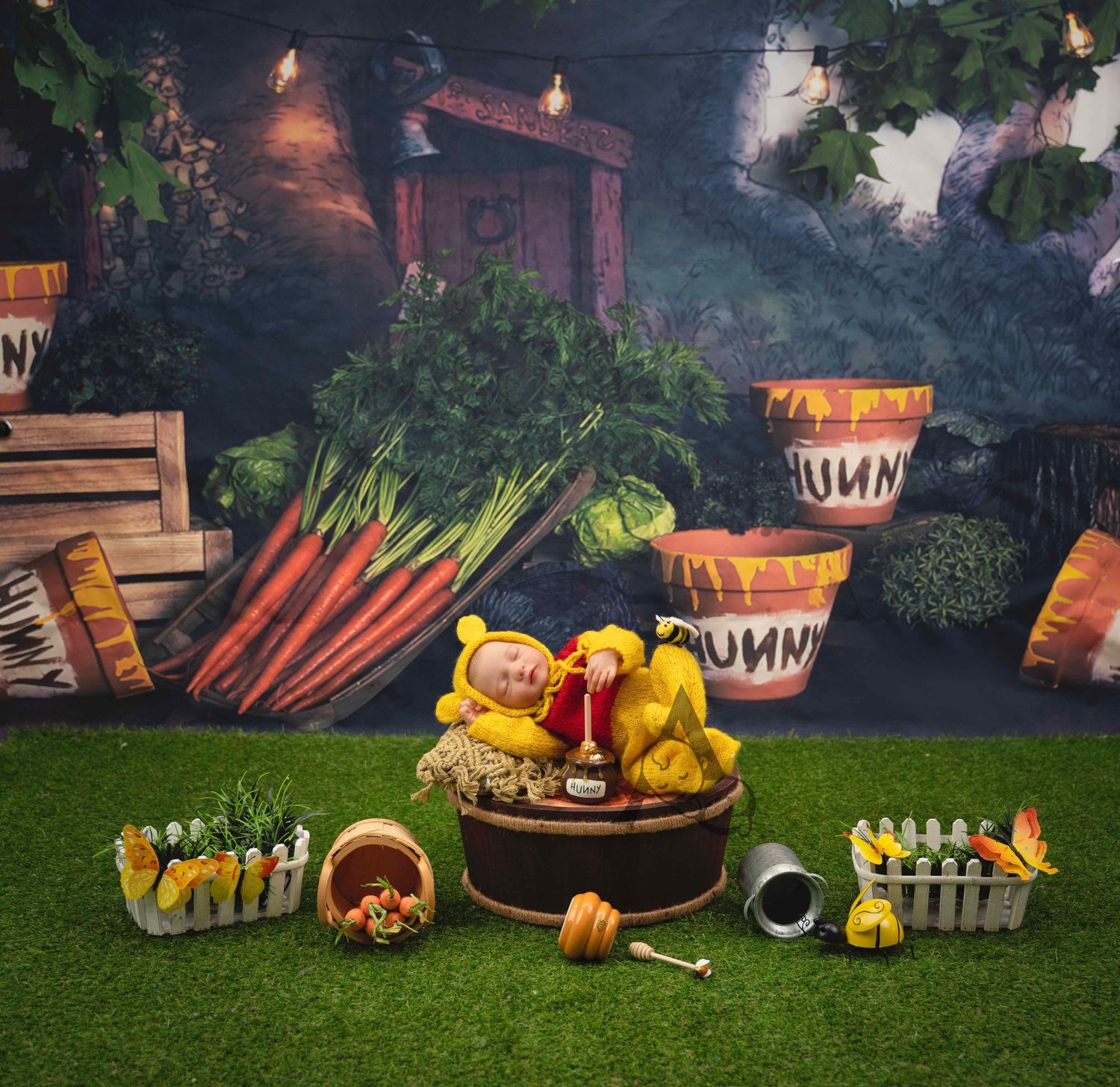 Fresh garden vegetables and harvest decorations arranged in rustic baskets on green grass.
