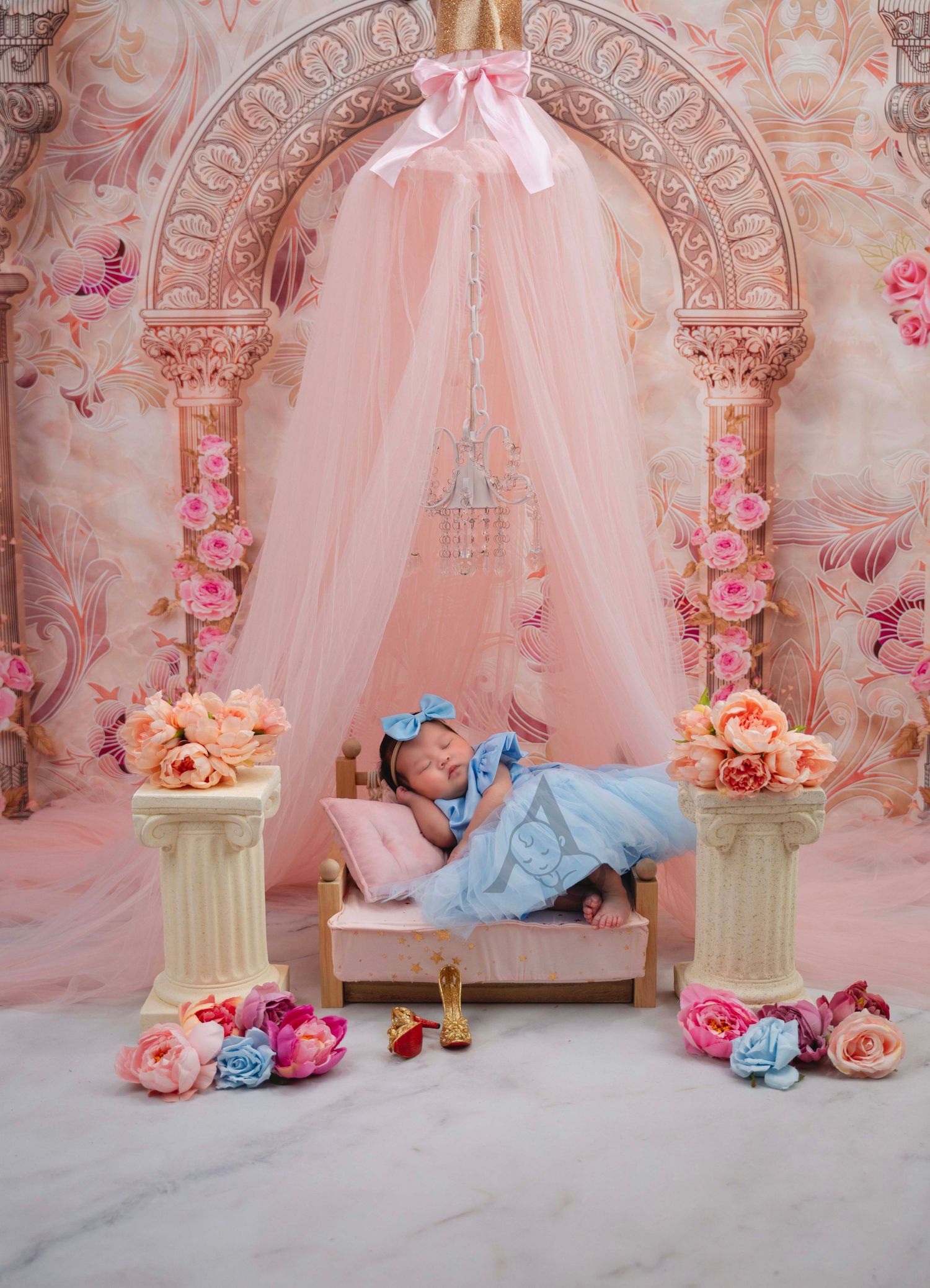 Enchanted princess-themed setting with pink canopy, floral arrangements, and ornate architectural details.