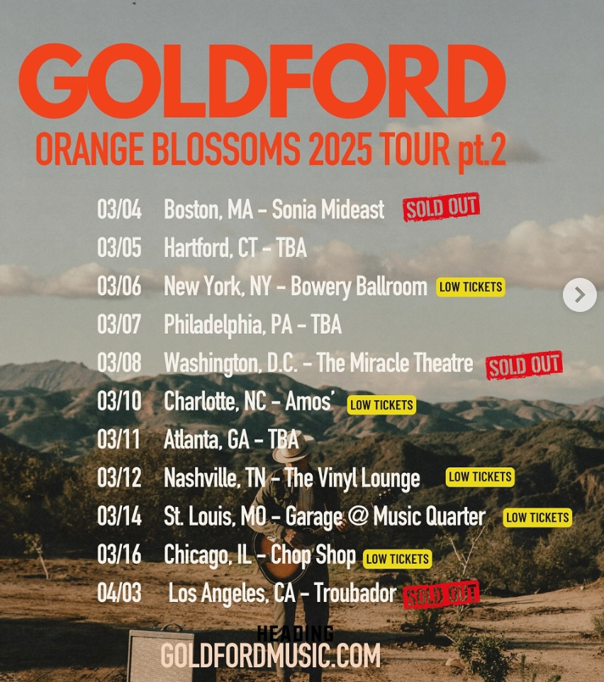 Tour poster for Goldford's Orange Blossoms 2023 shows concert dates across Western US cities against a desert landscape backdrop.
