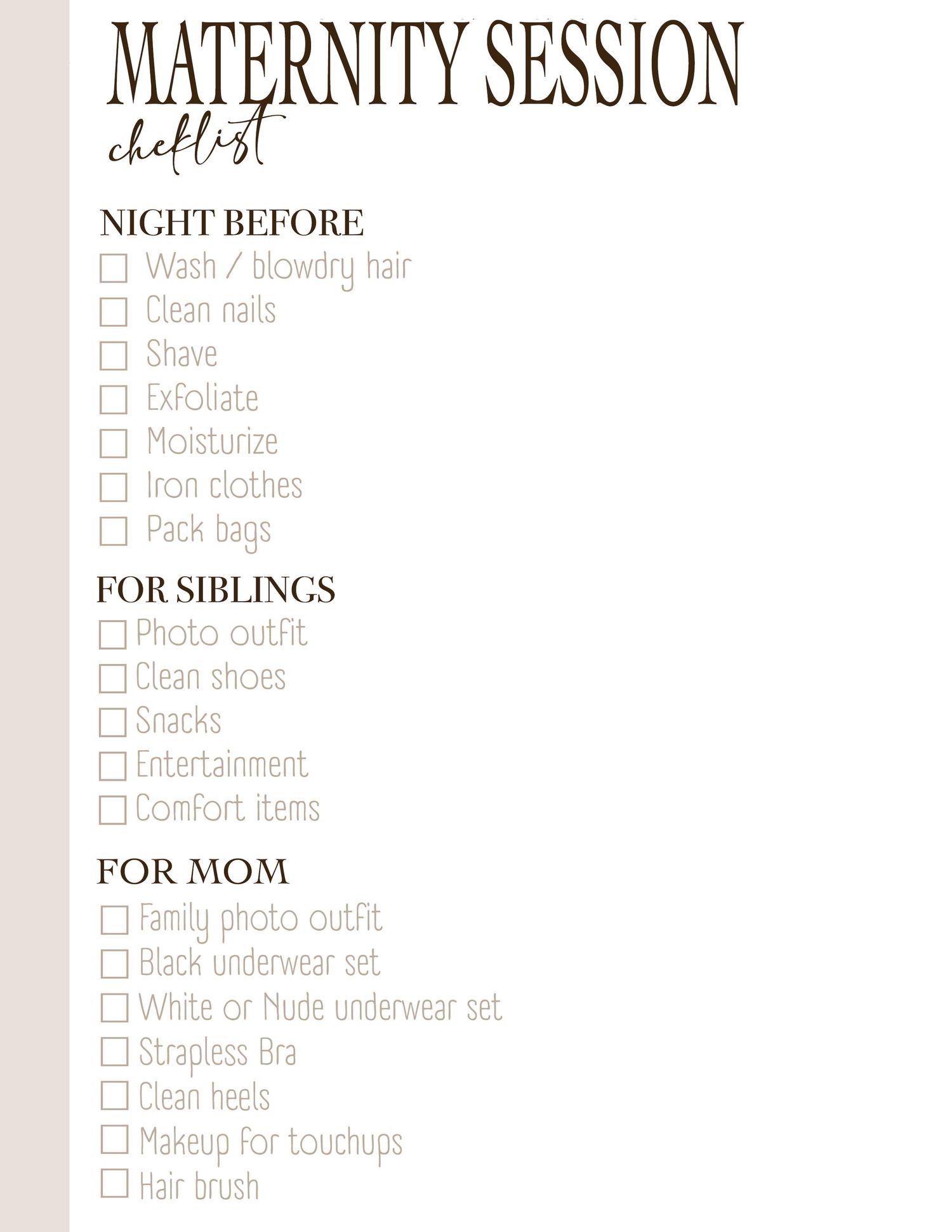 maternity checklist to prepare for your photography session with Elizabeth Lang Photography