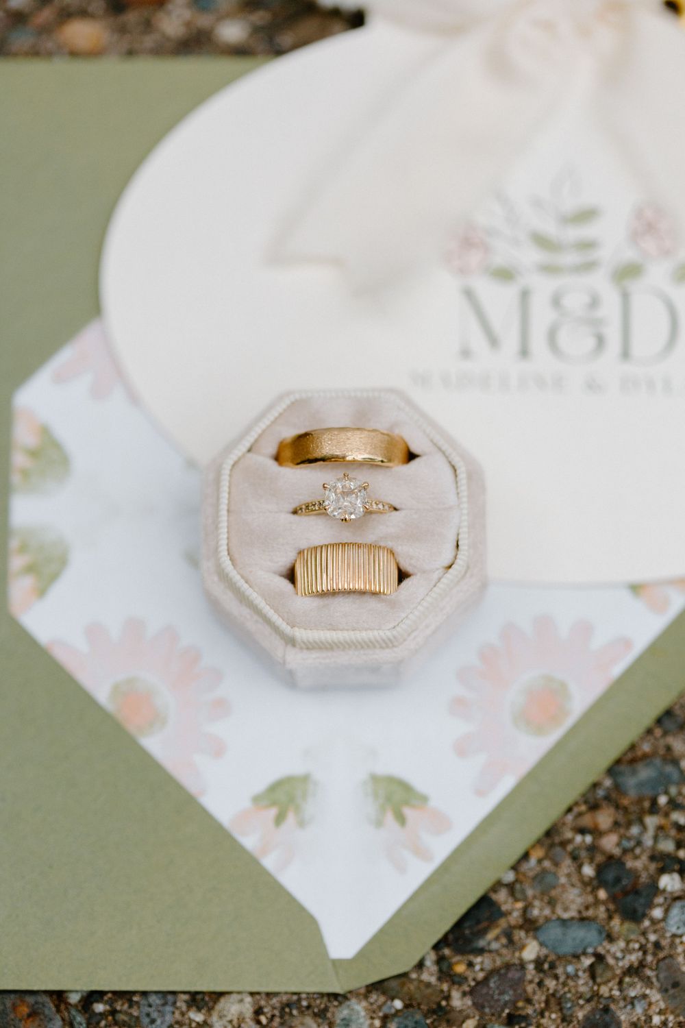Wedding rings nestled in a vintage-style octagonal ring box with floral print details.