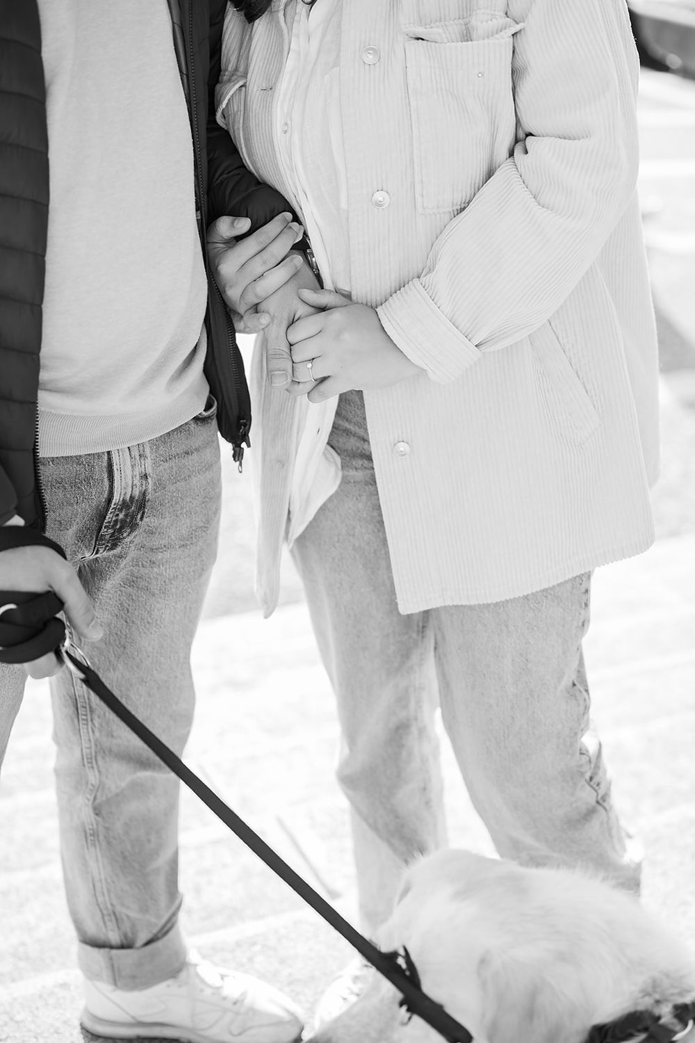 Modern young couple's simple engagement photo session with their fluffy dog in the city of Zurich, stylish and full of joy