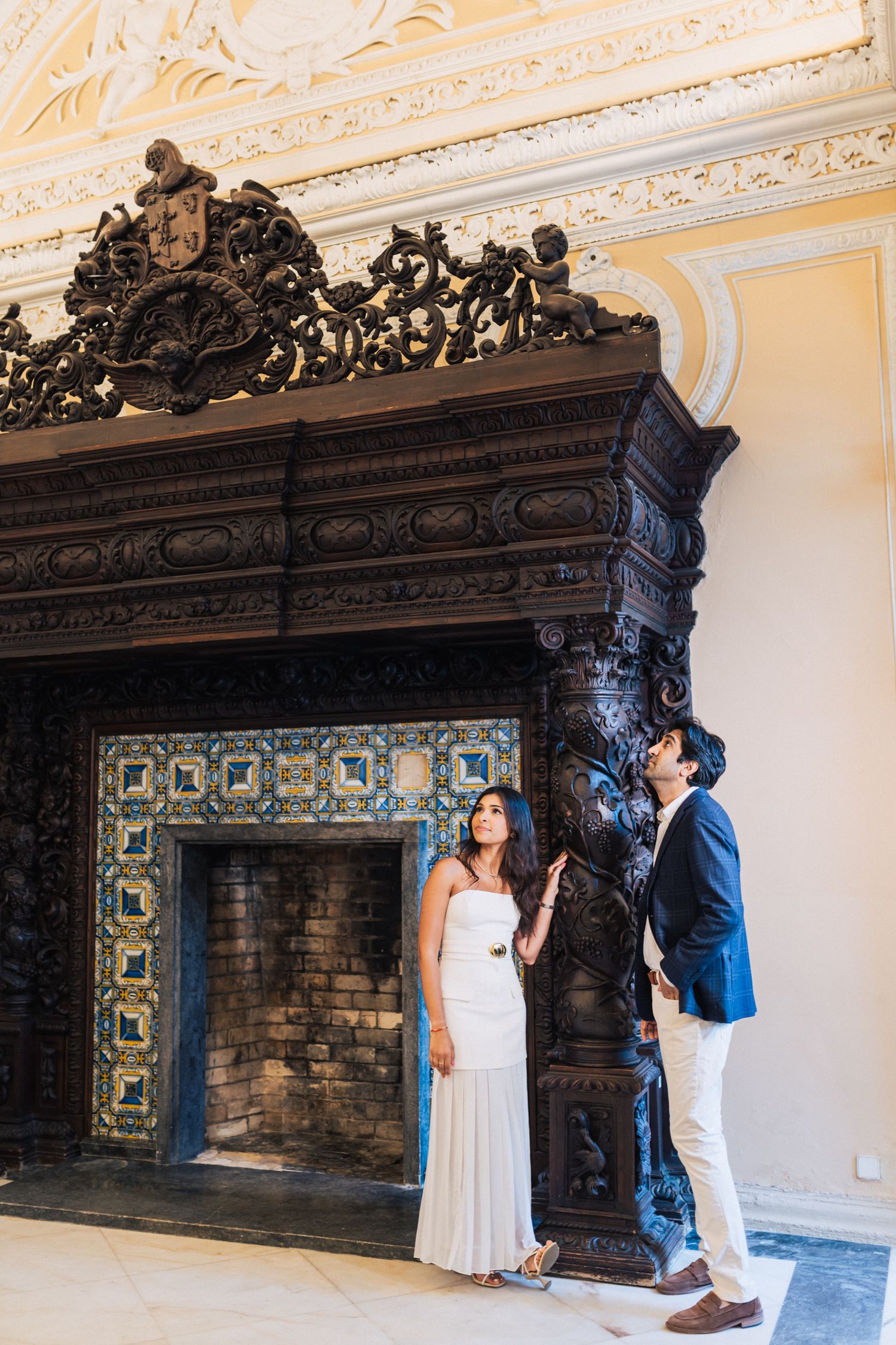 Romantic pre-wedding shoot in Sintra, Portugal, with an Indian couple exploring Penha Longa Resort. By a destination wedding Photographer