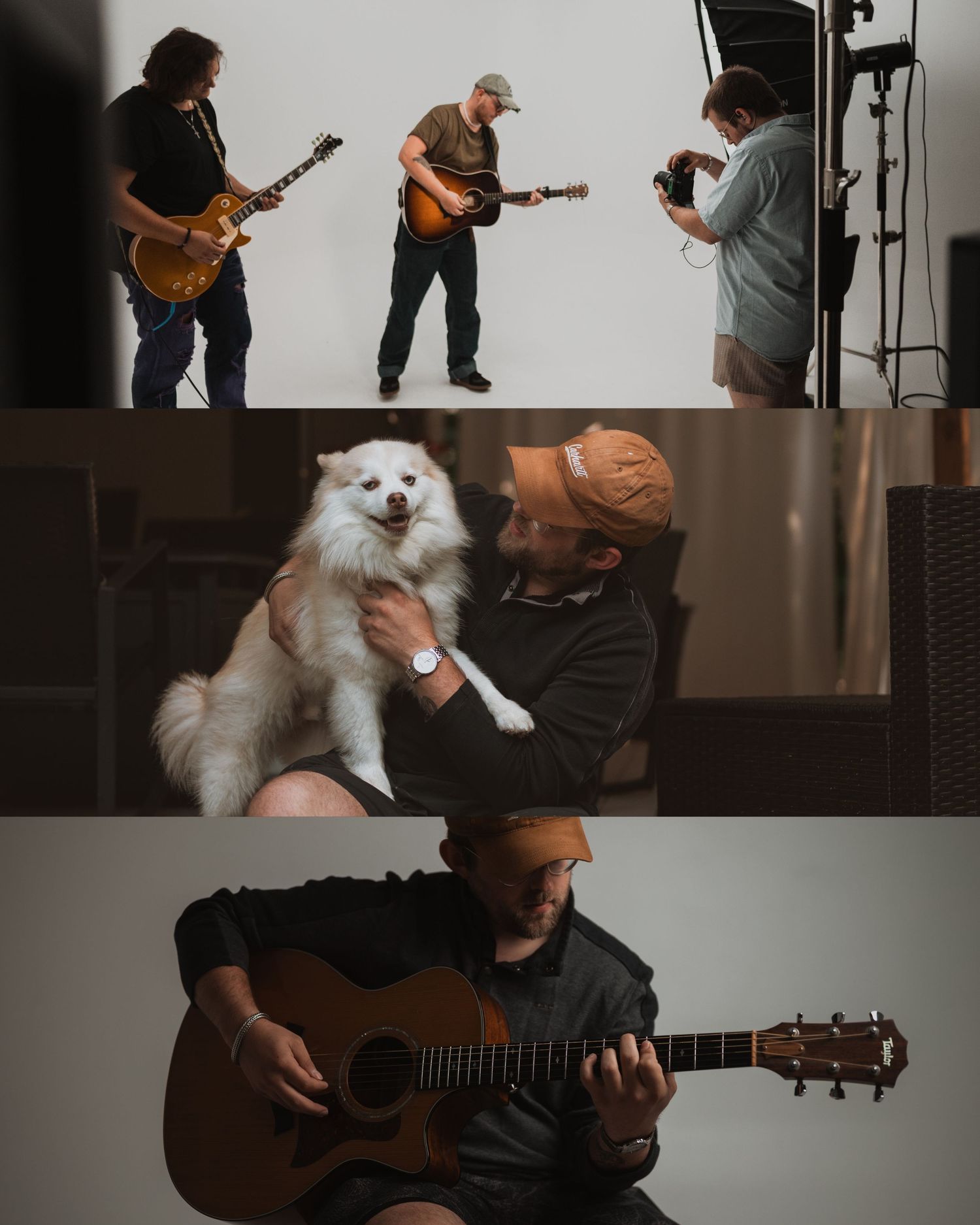 Musicians practicing together with acoustic guitars in a studio with white walls and moody lighting.