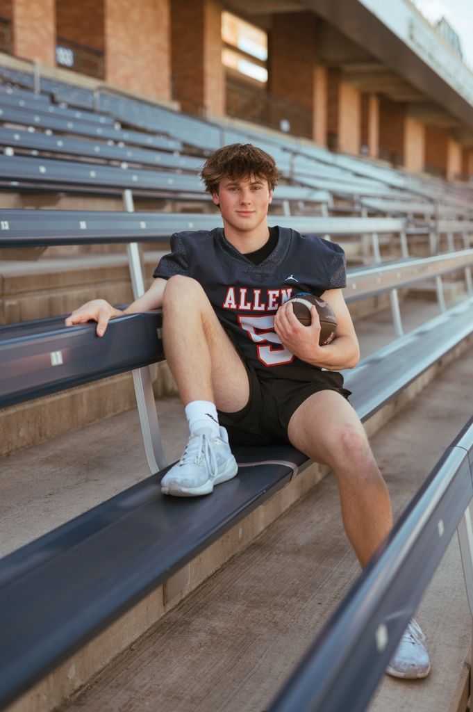 Athletic person in black t-shirt sits alone on empty stadium bleachers with football, photographed from different angles.