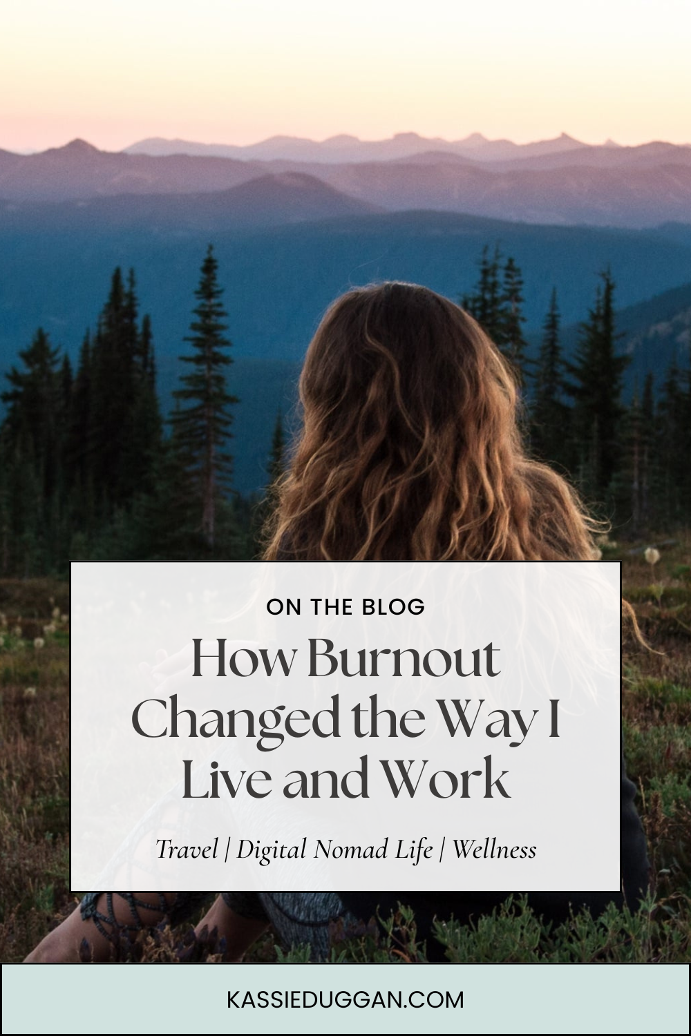 Blog header design featuring mountain landscape and text about burnout and digital nomad lifestyle.