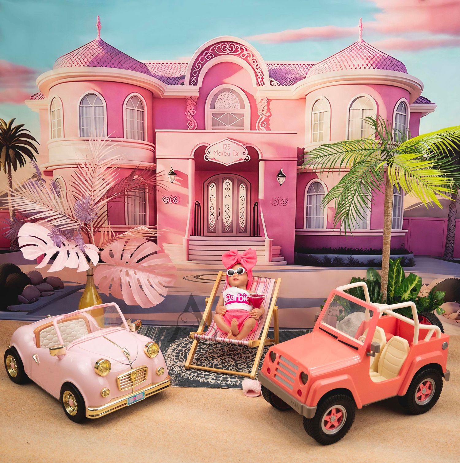 Pink mansion exterior with vintage-style toy cars and palm trees.