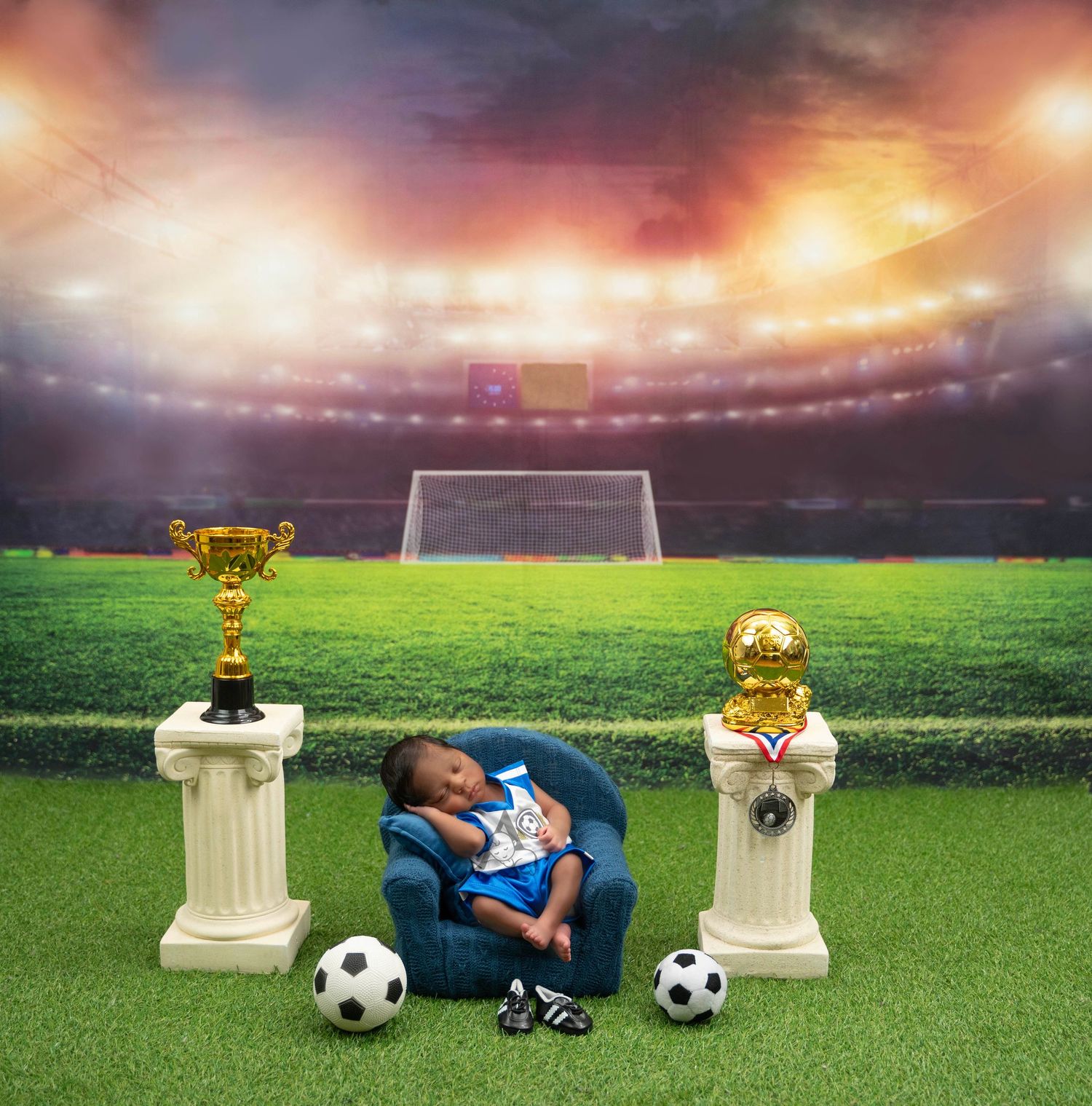 Soccer-themed newborn photo setup with trophies and soccer balls in stadium setting.