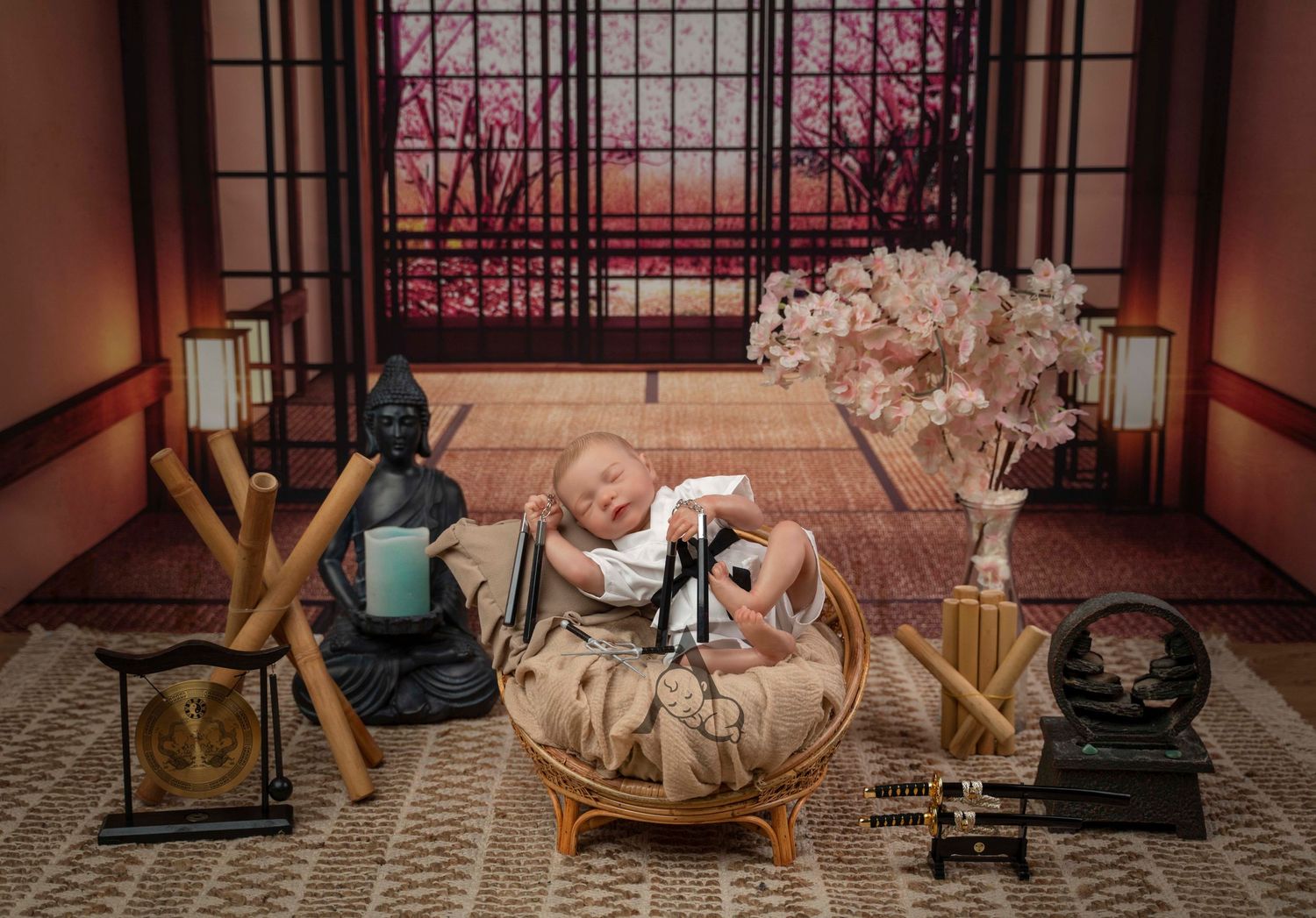 Asian-inspired photography set with bamboo elements and traditional decorative items.