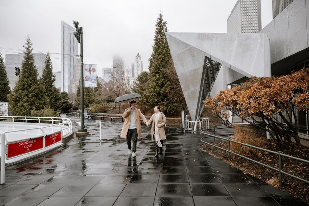 A series of urban landscapes during overcast weather showing walkways, benches, and autumn foliage along a waterfront.