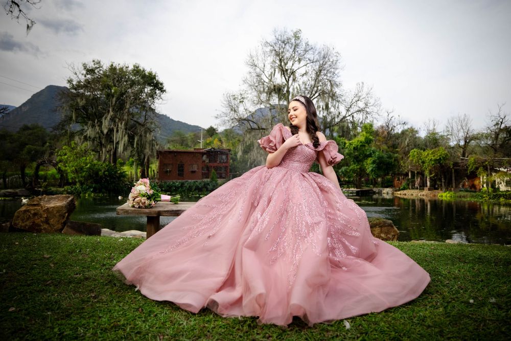 Stunning pink ballgown with full tulle skirt captured in an outdoor garden setting with mountains in background.