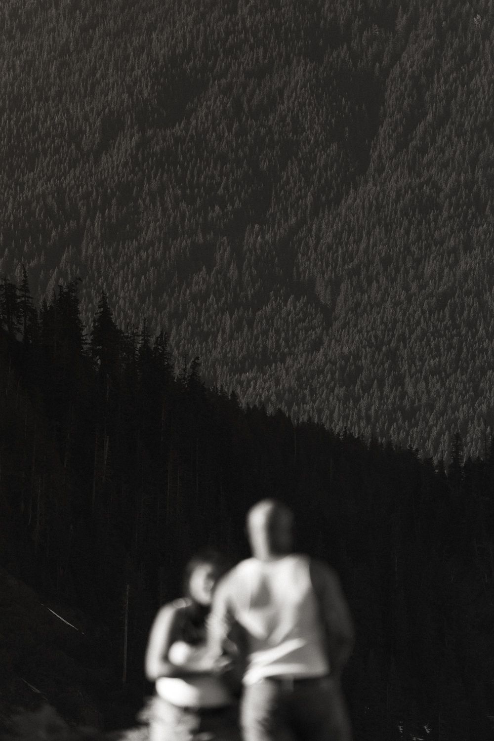 A black and white photo sequence shows two silhouetted figures embracing against a dark tree-lined background.