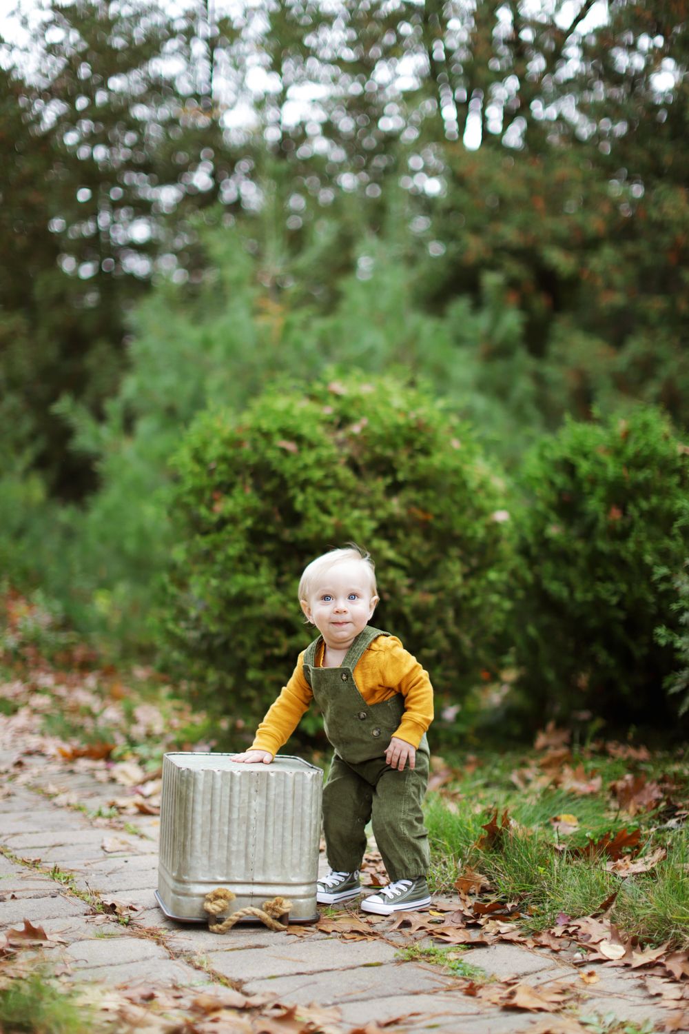 A small child in olive overalls and yellow sweater sits on a metal crate along a leaf-covered path in an autumn garden.