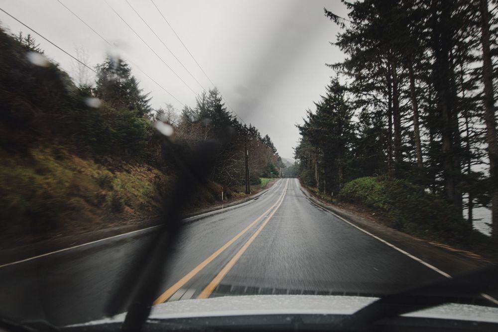 View through a car windshield of a wet winding road lined with tall evergreen trees on a rainy day.