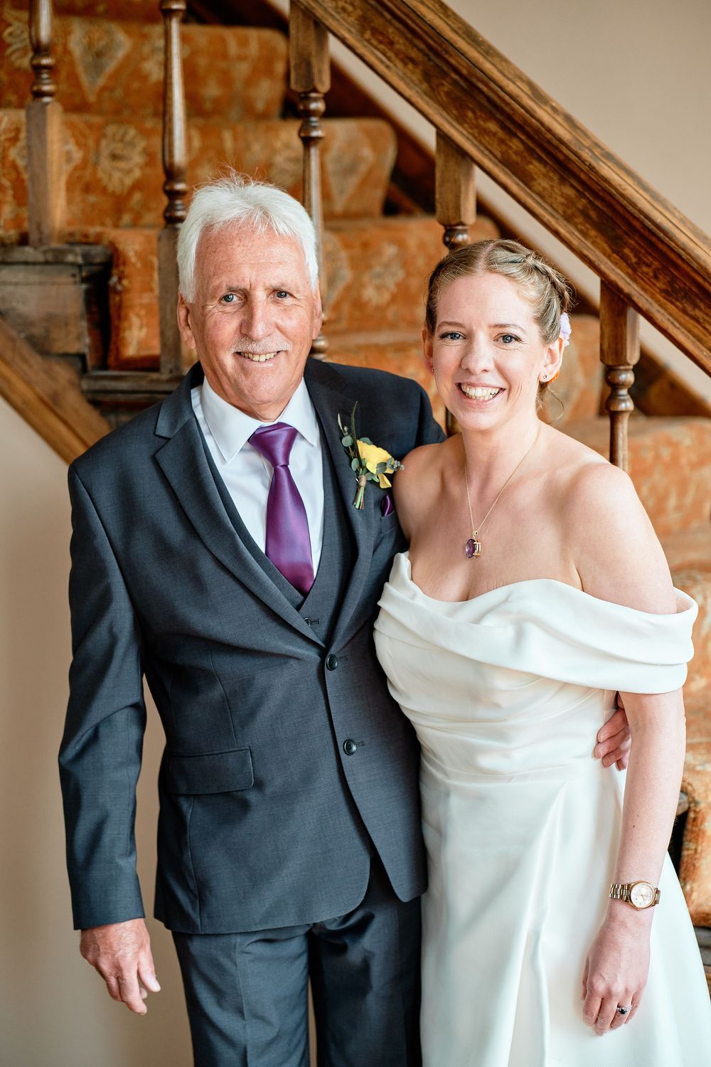 A series of wedding photos showing happy moments of a couple posing together in formal attire against an ornate wall.