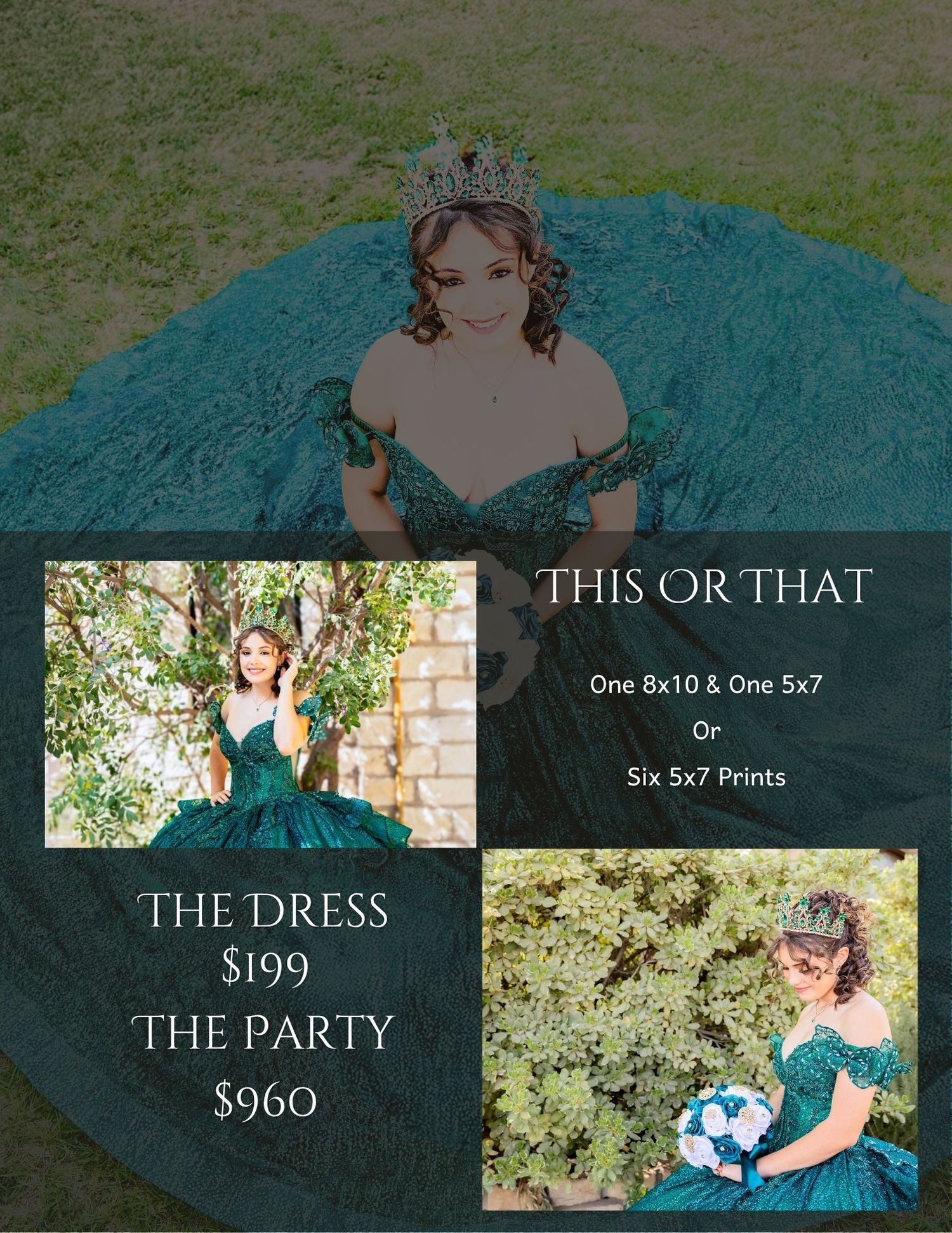 A girl in an emerald green ball quincenera dress with voluminous tulle skirt poses for a professional portrait photo shoot. #Quincenera