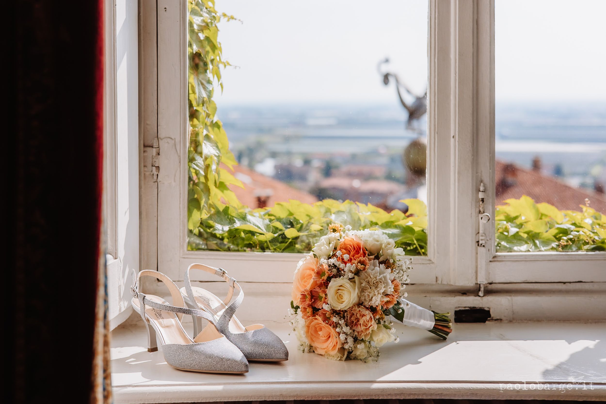 A series of window views showcasing sunny windowsills decorated with plants, stones and floral arrangements against coastal vistas.