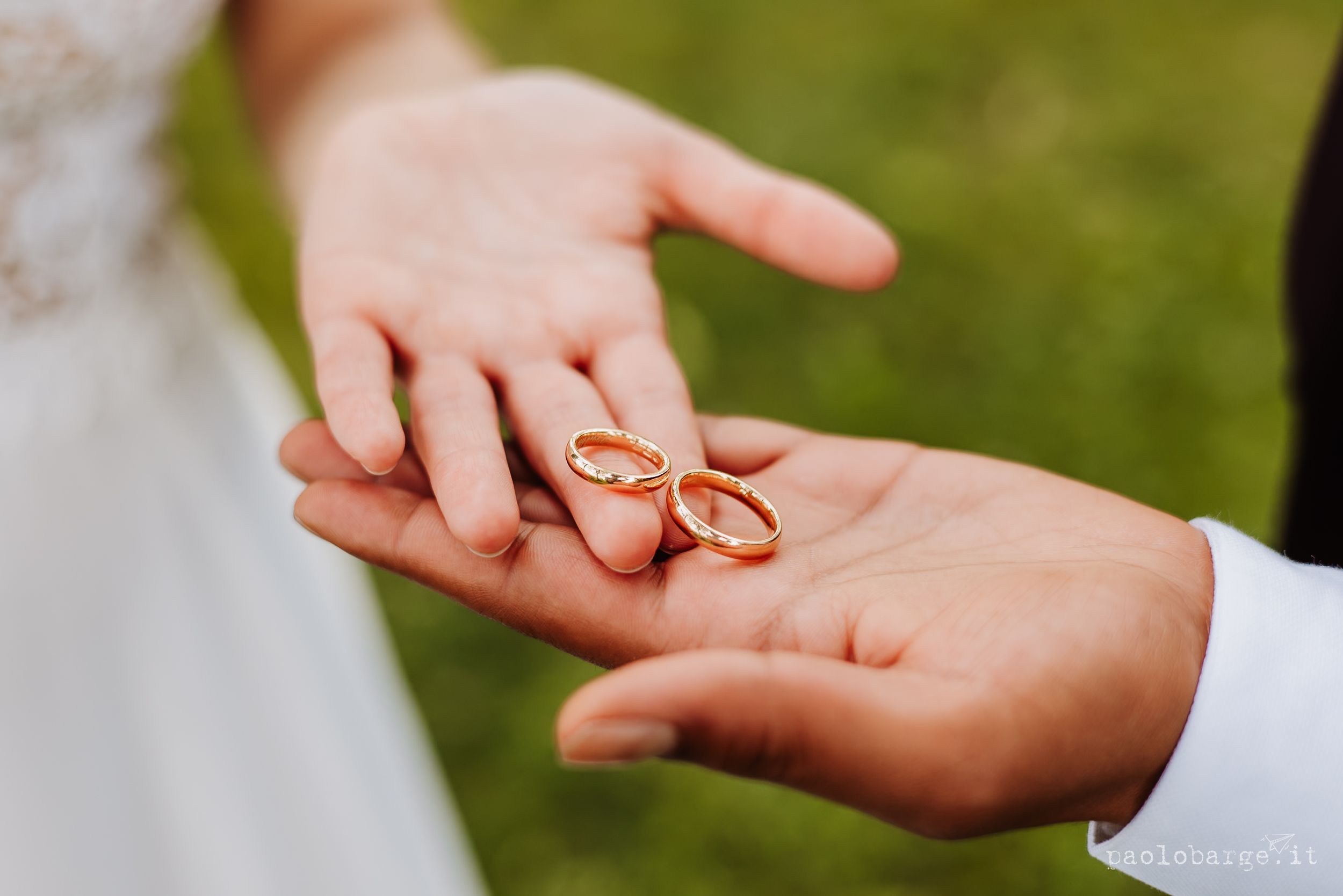 Two hands holding gold wedding rings against a blurry green outdoor background.