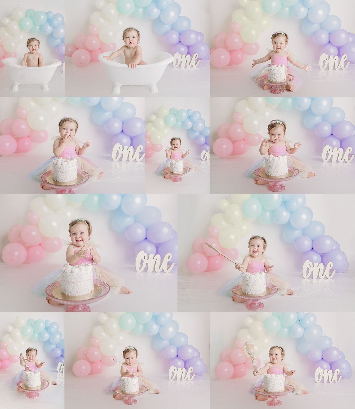 Collage of cake smash photoshoot with pastel pink and purple balloon decorations and white 'ONE' sign in background.