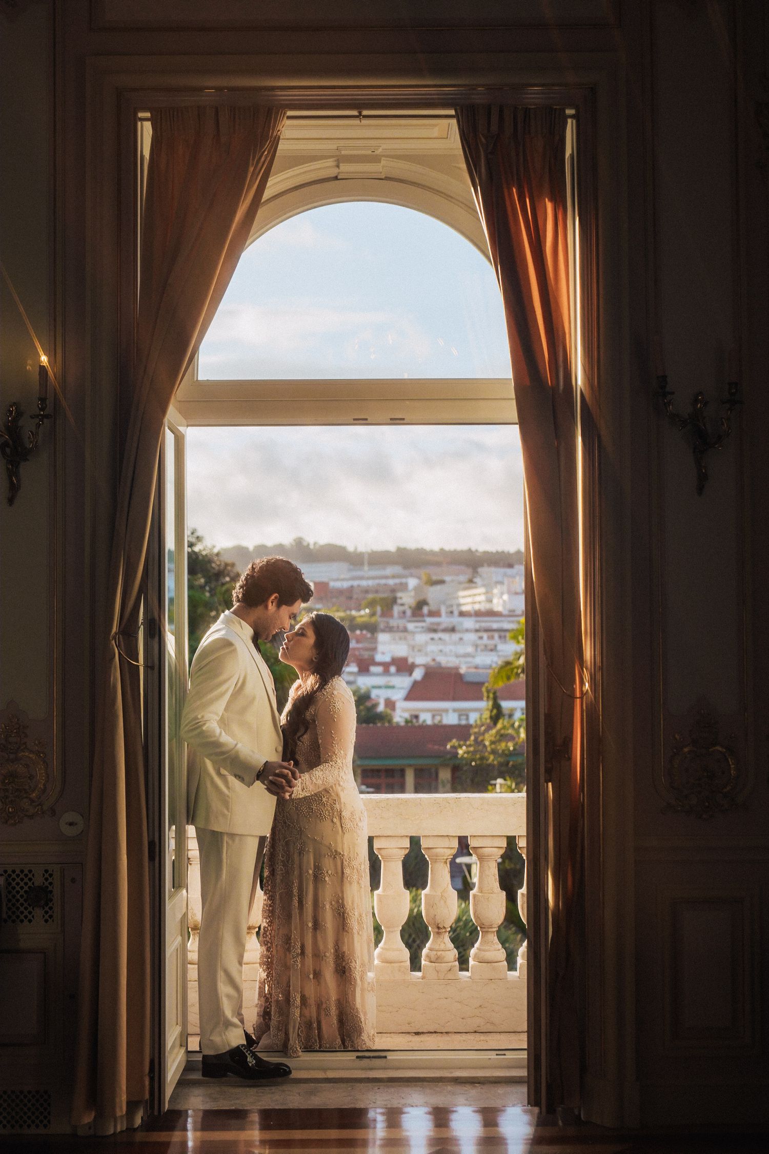 Styled destination engagement photography at Pestana Palace, Lisbon, by a portugal wedding photographer