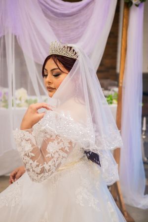 Elegant bride in lace sleeve wedding dress with crystal tiara and veil.