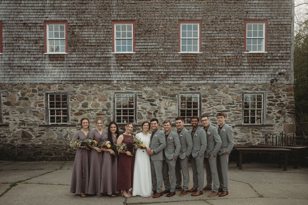 Wedding party poses in front of historic stone and brick building wearing gray suits and mauve dresses.