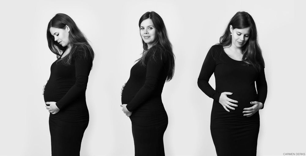 studio fotoshoot zwangerschap. drie keer dezelfde zwangere vrouw, telkens een andere positie. gefotografeerd in beneden-leeuwen, maas & waal