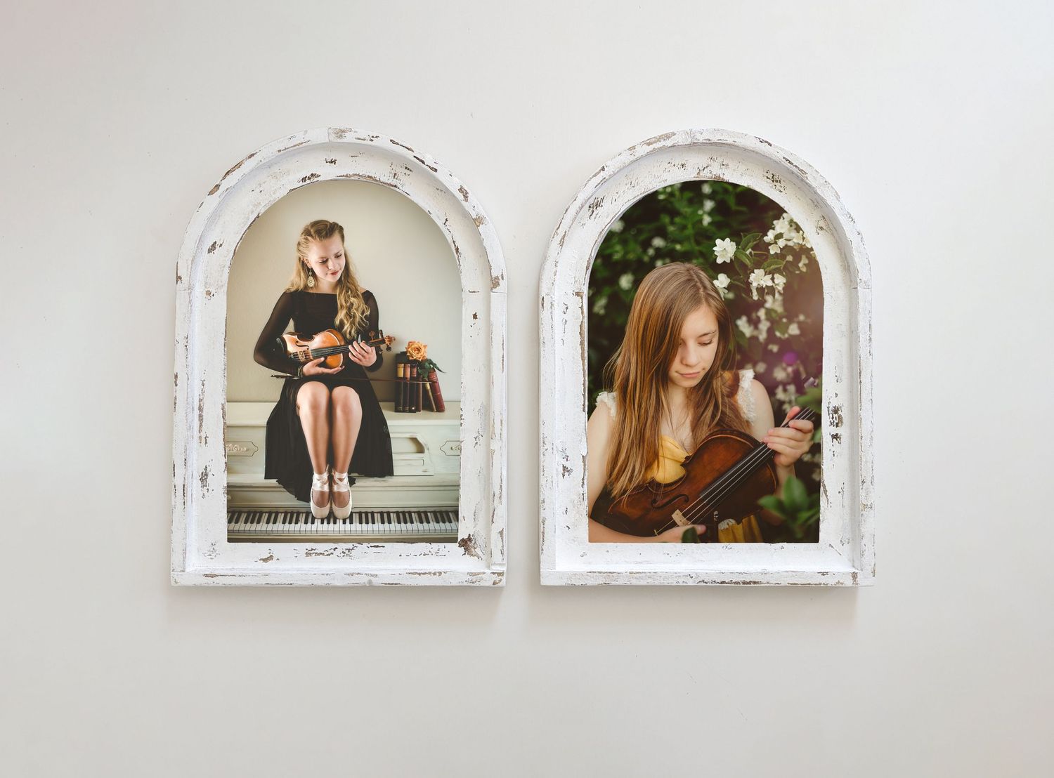 Two vintage-style arched white frames on a wall display portraits with musical and floral themes.