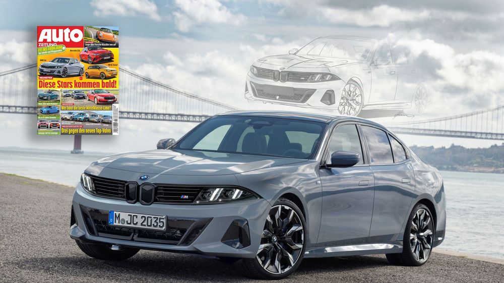 A sleek gray BMW 3-series sedan parked with a dramatic cloudy sky and bridge background with Auto magazine cover visible.
