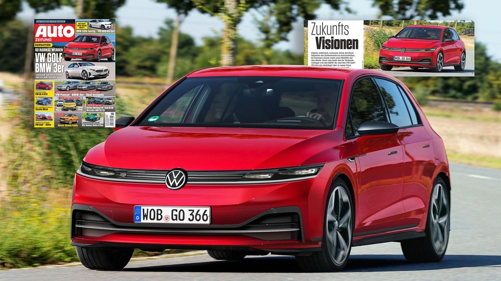 A red Volkswagen ID.7 electric sedan driving on a sunny road with auto magazine covers visible in the background.
