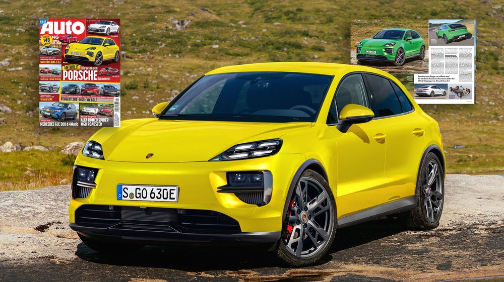 Bright yellow Porsche Macan electric SUV parked on mountain terrain with magazines displayed next to it.