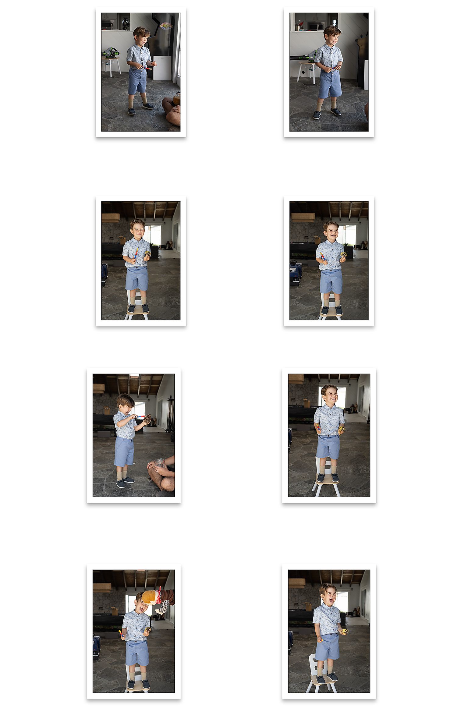 A young child wearing light blue overalls and a white shirt stands in a rustic room with concrete floors.