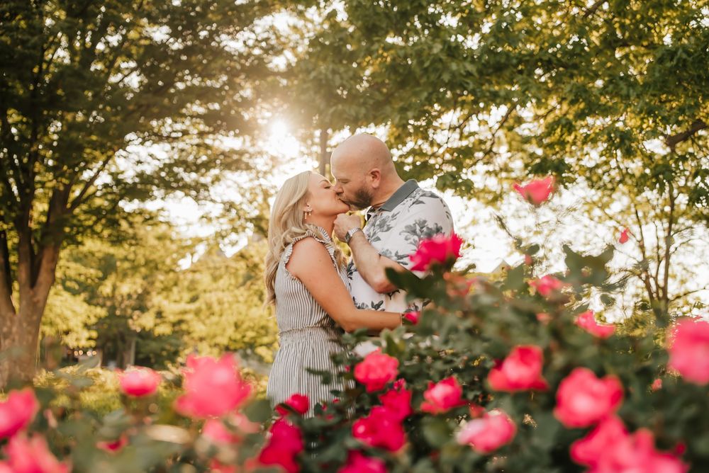 husband and wife kiss near rose bushes in over the rhine