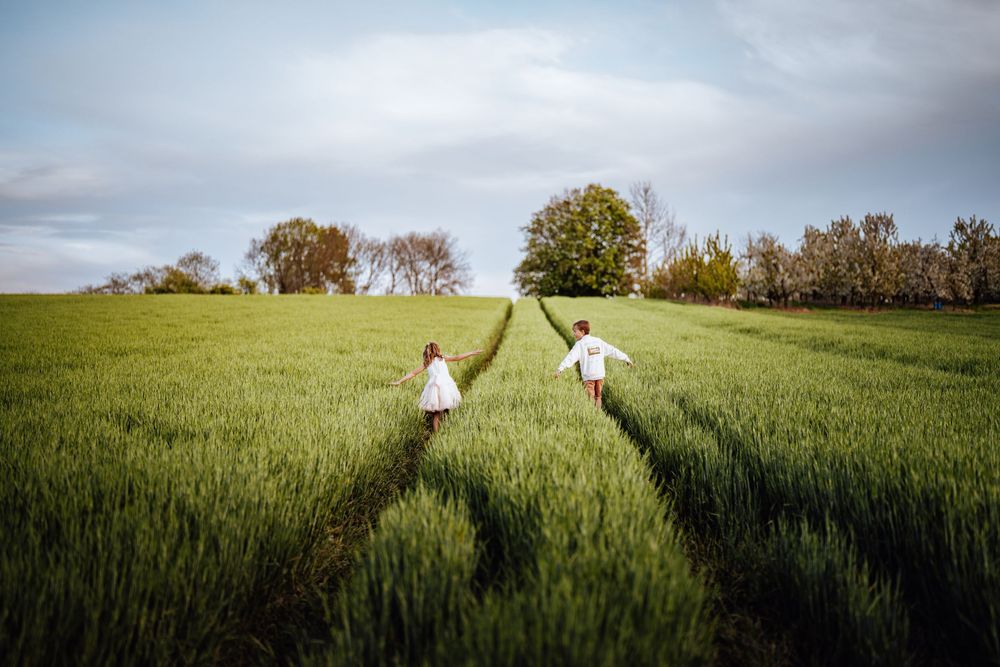 Twee mensen lopen over een pad door een weelderig groen tarweveld onder een bewolkte hemel die lange schaduwen creëert.