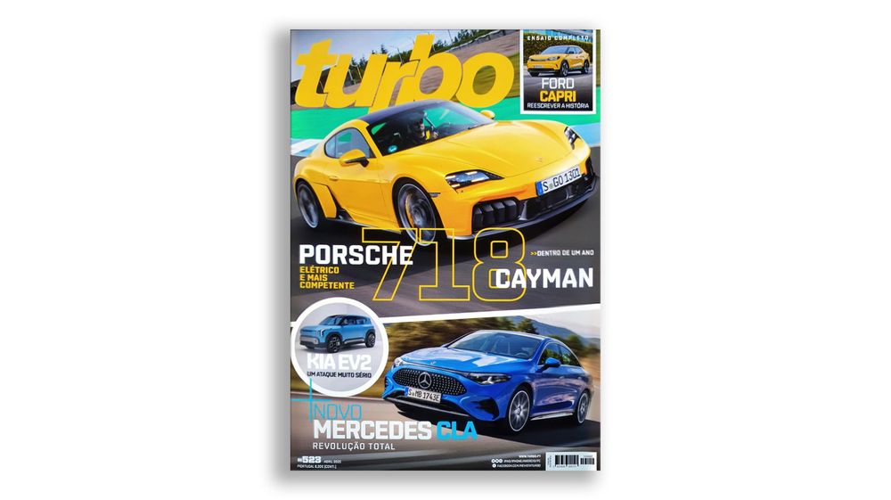 Turbo magazine cover featuring yellow Porsche Cayman and blue Mercedes sports cars against black background.