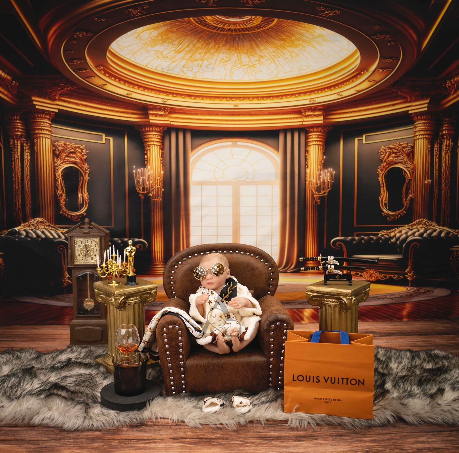 Luxurious room setup with leather armchair, Louis Vuitton box, and elegant gold decor details.