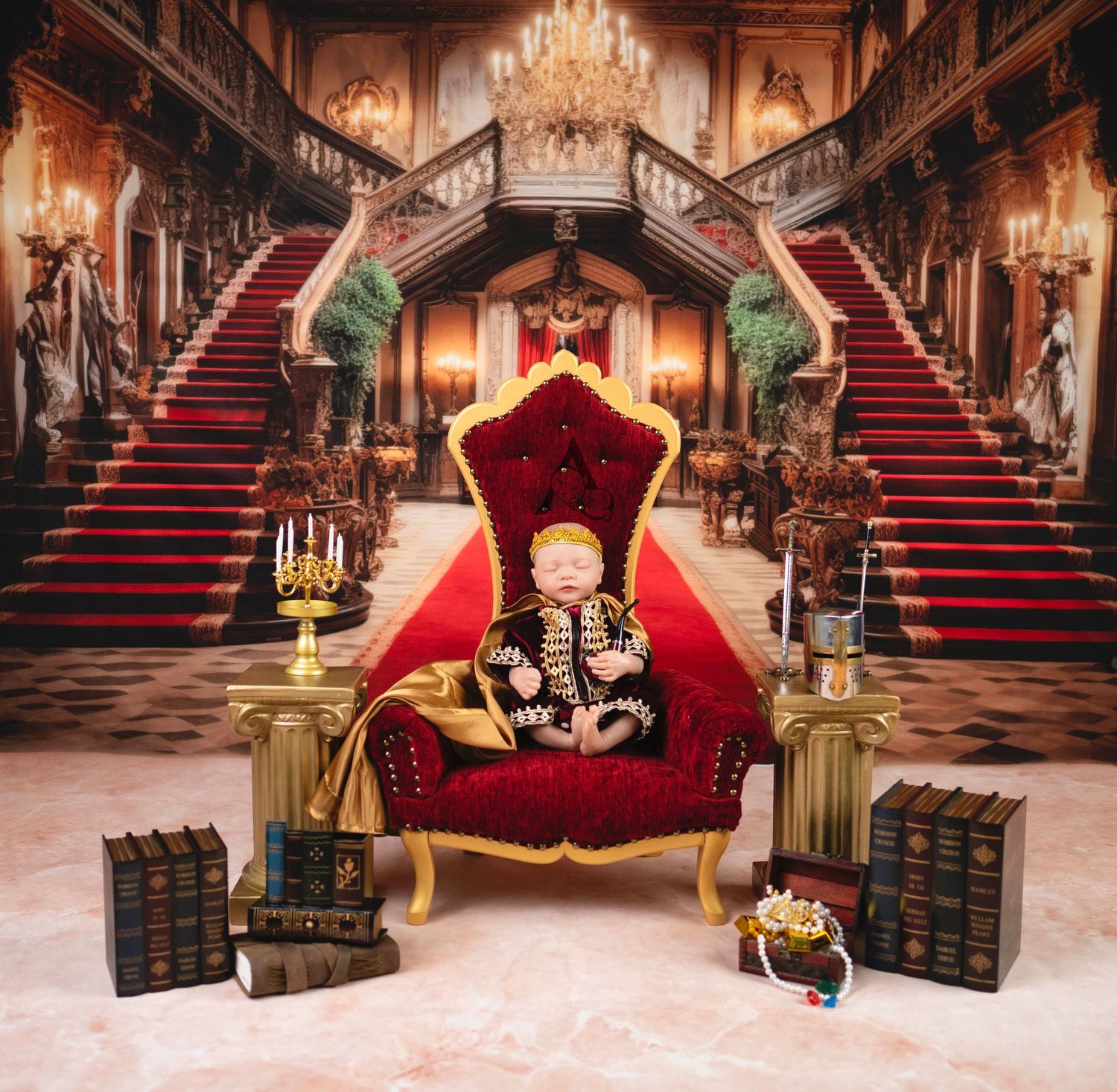 Grand staircase interior with red carpeted stairs, crystal chandeliers, and ornate throne chair setup.