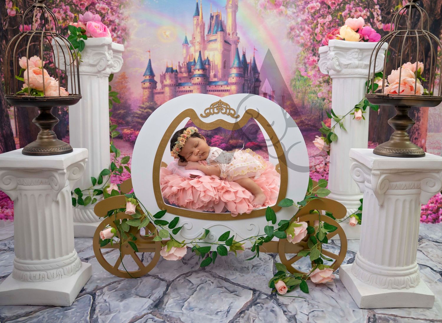 Newborn Baby Posing in Princess Cinderella Princess Carriage