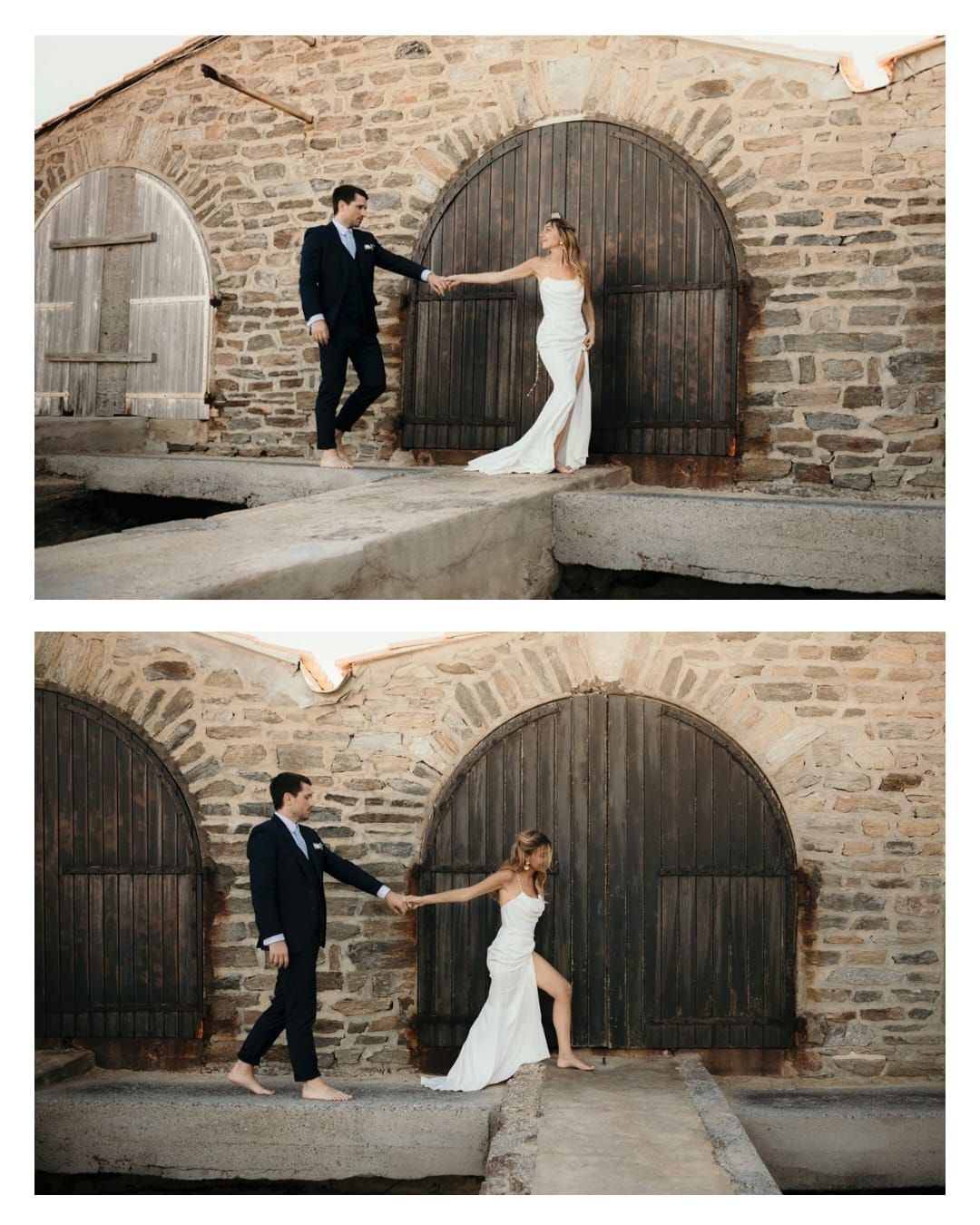 A couple shares a playful dance pose against rustic stone archways and wooden doors at a historic venue.