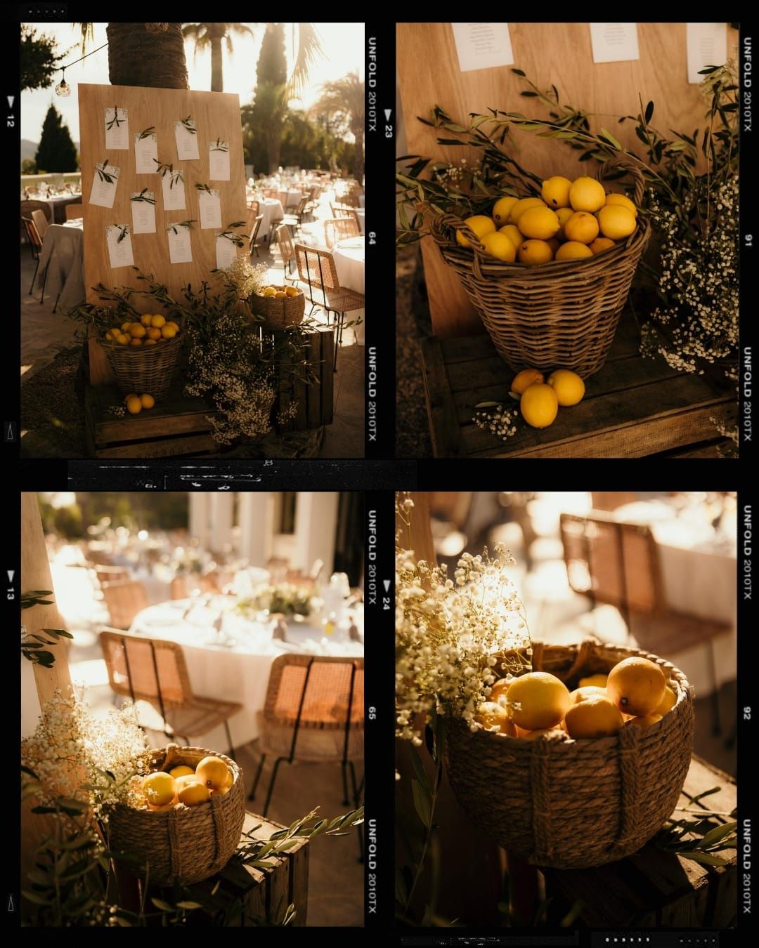 Four warm-toned photos of rustic wedding decor featuring woven baskets filled with oranges and soft ambient lighting.