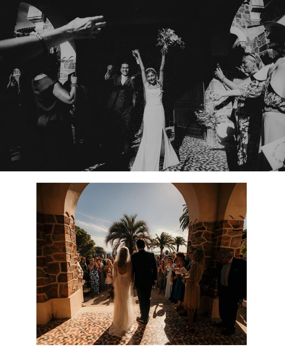 Black and white and color wedding celebration photos showing joyful moments at an outdoor venue with stone archways and palm trees.