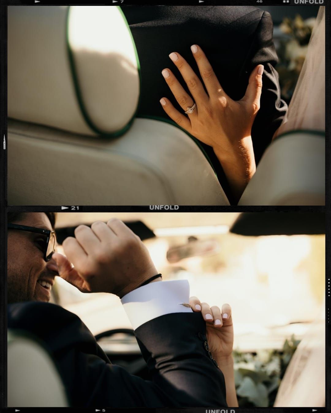 Close-up view of hands in car interior against sunlight creating soft, intimate atmosphere in vintage film style.