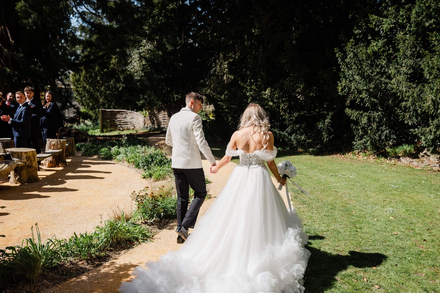 bride and groom walking around the venue