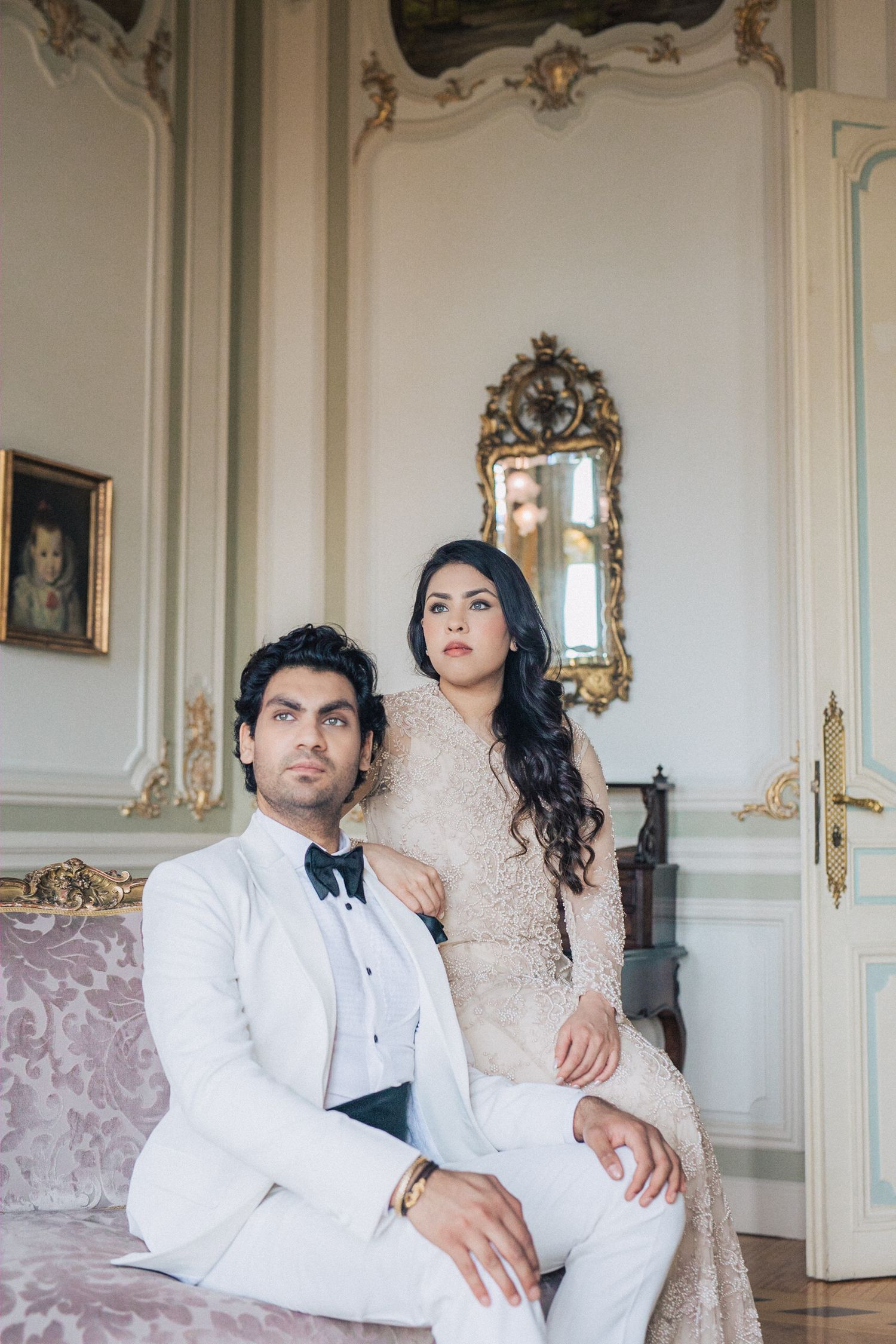 Indian couple in a luxurious engagement photoshoot at the Madonna Suite, Pestana Palace, Lisbon.