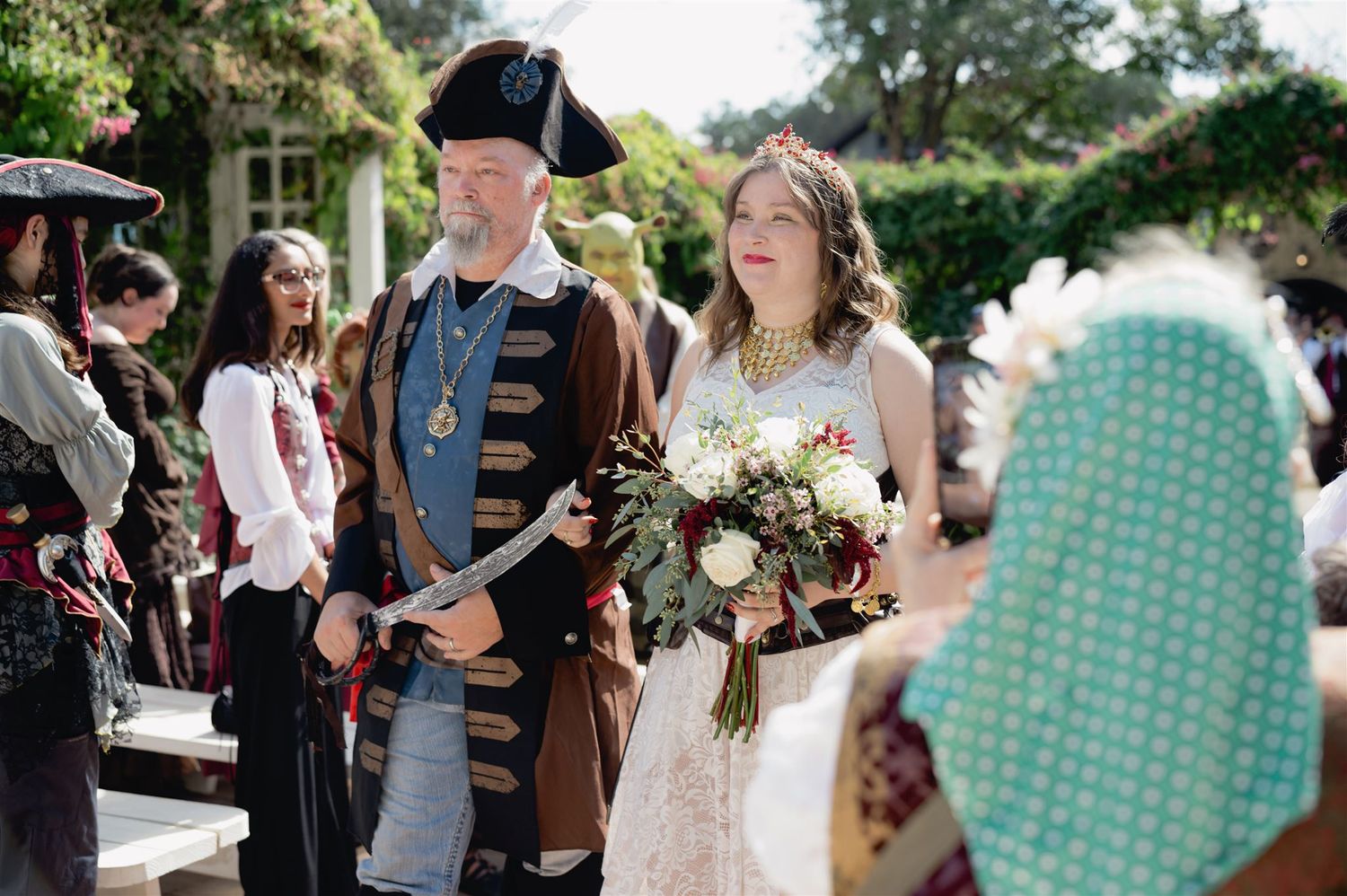 A collage of six celebratory outdoor wedding moments showing glimpses of guests and decorations in a natural setting.