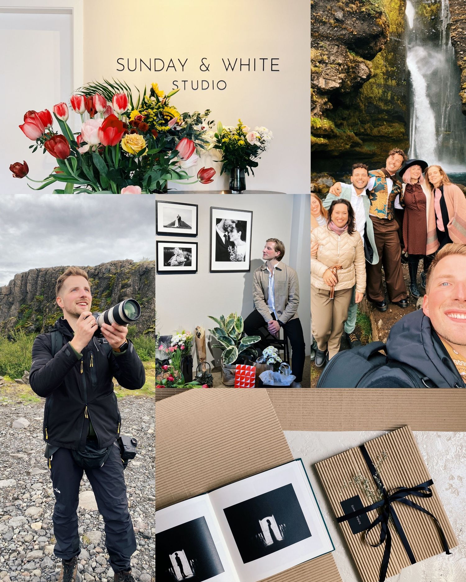A professional photo studio collage showing floral arrangements, nature photography, wrapped packages and waterfall scenery.