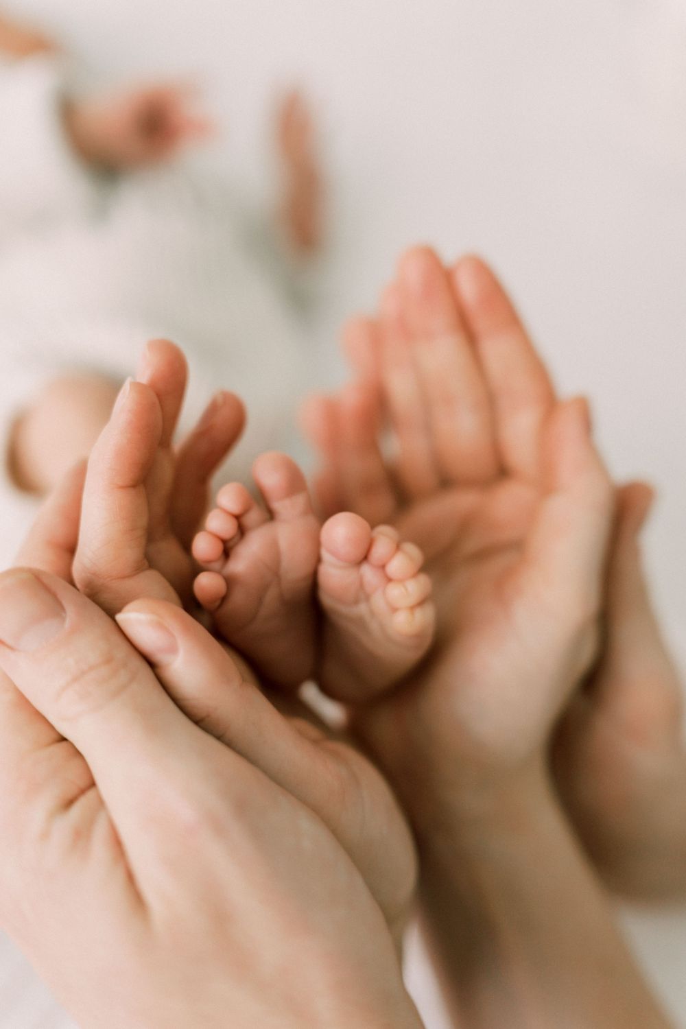 Multiple hands gently holding tiny baby feet against white background.